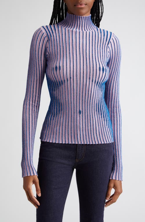 Jean Paul Gaultier Body Morph Metallic Trompe L'oeil Merino Wool Blend Rib Turtleneck Sweater In Pink/blue