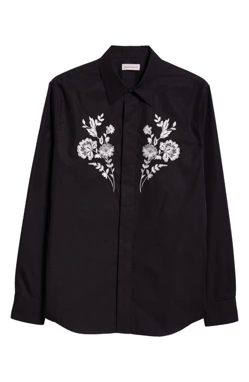 Alexander McQueen Floral Embroidered Cotton Button-Up Shirt Black at Nordstrom,