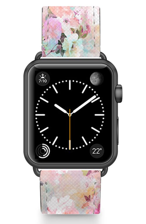 CASETiFY Romantic Watercolor Flowers Saffiano Faux Leather Apple Watch Band in Pink/Black