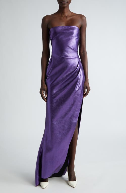 Strapless Metallic Leather Gown in Grape