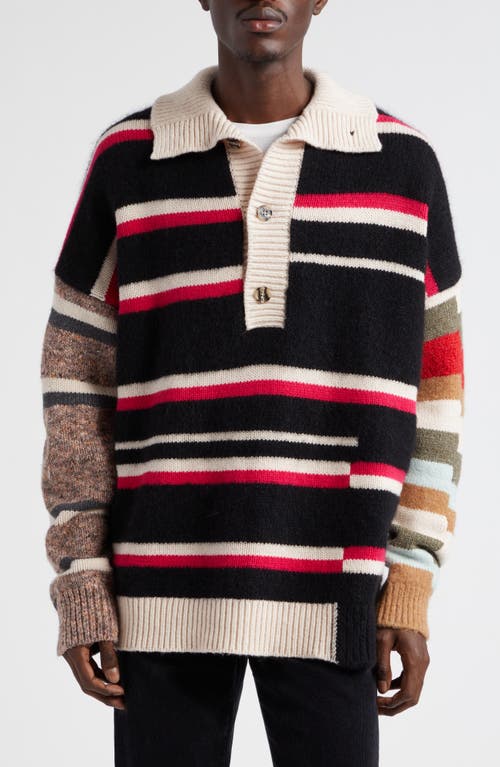 Waste Yarn Project Lucy Dice Stripe Patchwork One Of A Kind Sweater In Black/beige Multi