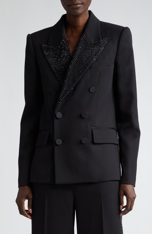 Crystal Embellished Double Breasted Stretch Wool Tuxedo Jacket in Black