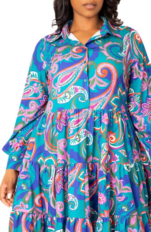 Shop Buxom Couture Floral Long Sleeve Shirtdress In Teal Multi