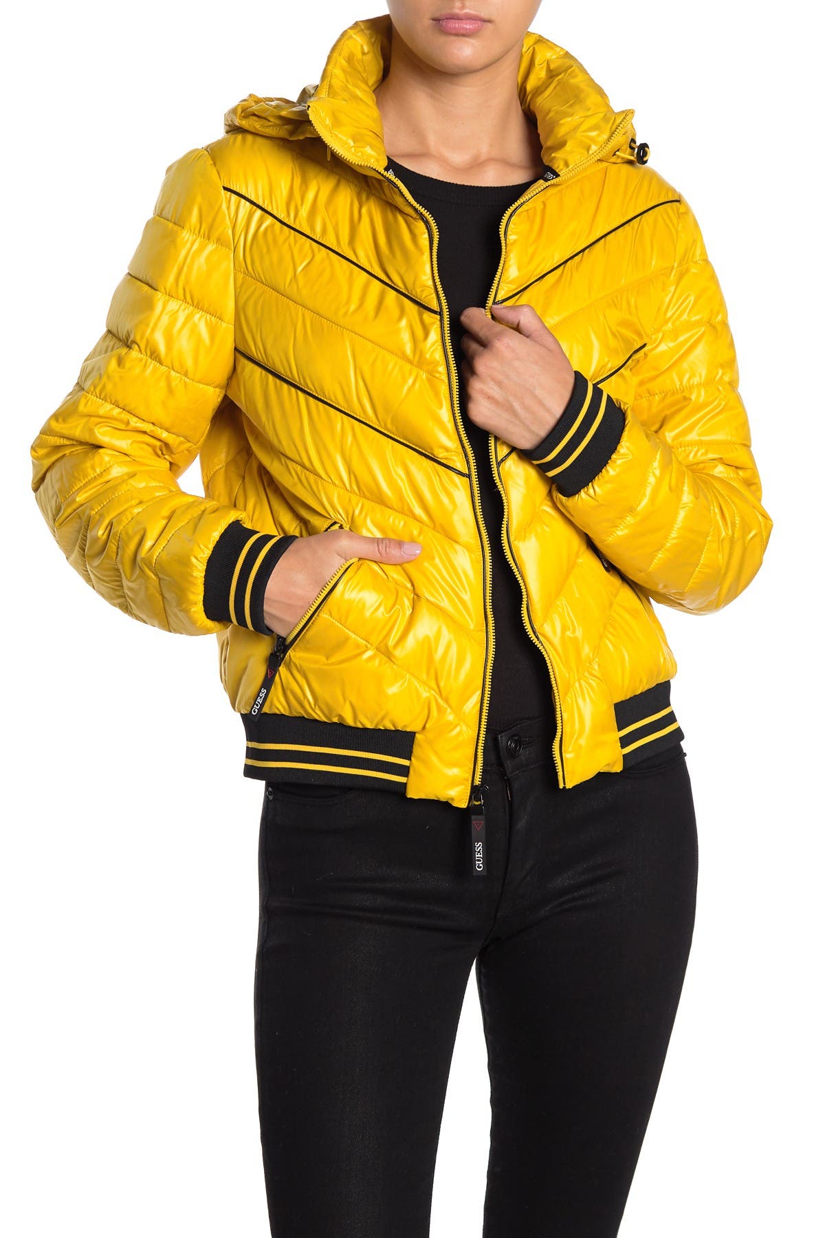 yellow guess puffer jacket