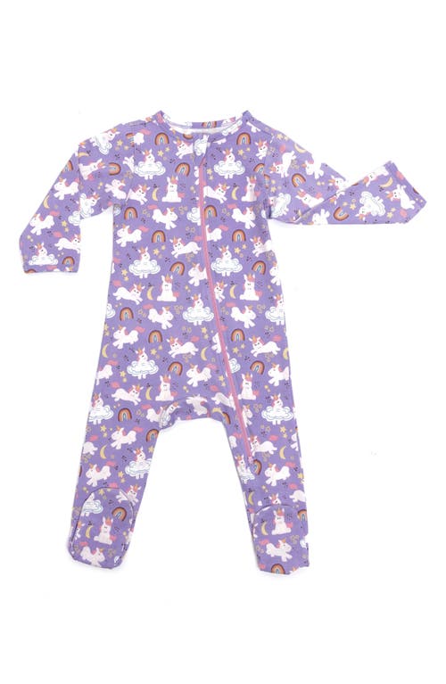 Shop Norani Unicorn Print Organic Cotton Footie In Purple/white