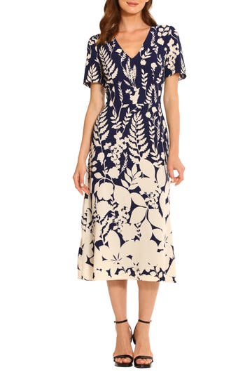 Maggy London Floral Short Sleeve A-line Midi Dress In Blue