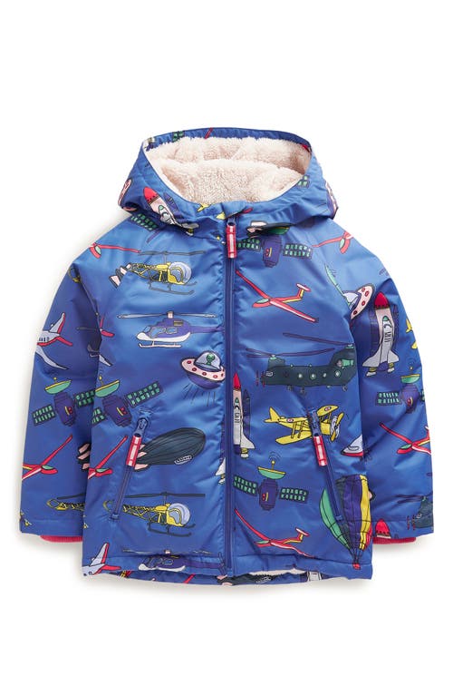 Shop Mini Boden Kids' Aircraft Print Zip Hooded Puffer Jacket In Bluejay Transport