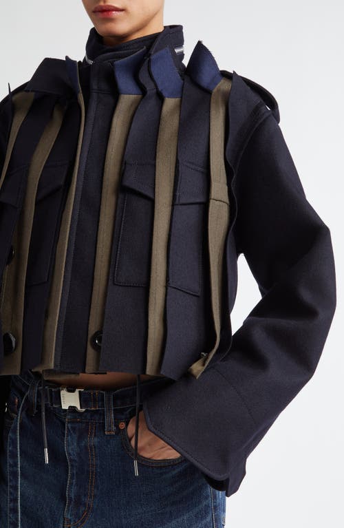 Shop Sacai Pinstripe Melton Wool Crop Military Jacket In Dark Khaki/navy