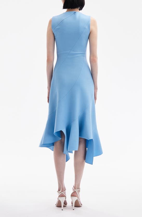 Shop Oscar De La Renta Asymmetric Ruffle Hem Wool Blend Midi Dress In Pastel Blue