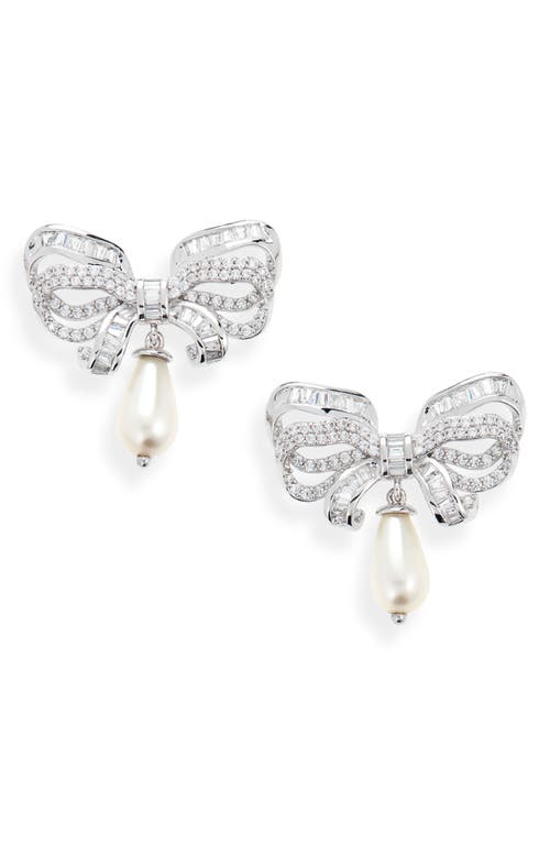 Imitation Pearl Drop Pavé Bow Earrings in Gold/Clear