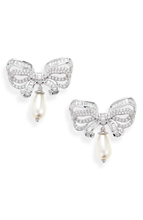 Shop Judith Leiber Couture Imitation Pearl Drop Pavé Bow Earrings In Gold/clear