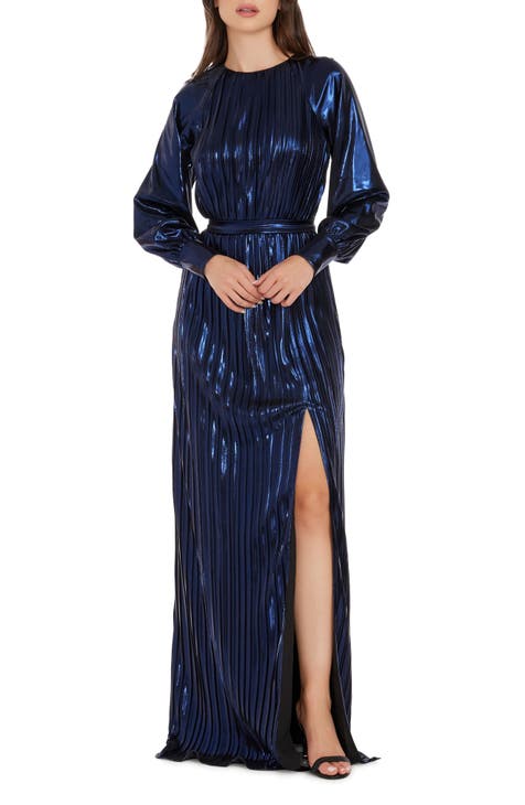 Calista Metallic Jacquard Stripe Long Sleeve Gown