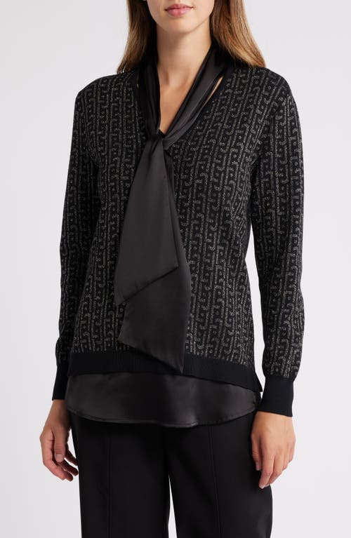 Shop Anne Klein Metallic Jacquard Tie Neck Sweater In Anne Black/gold