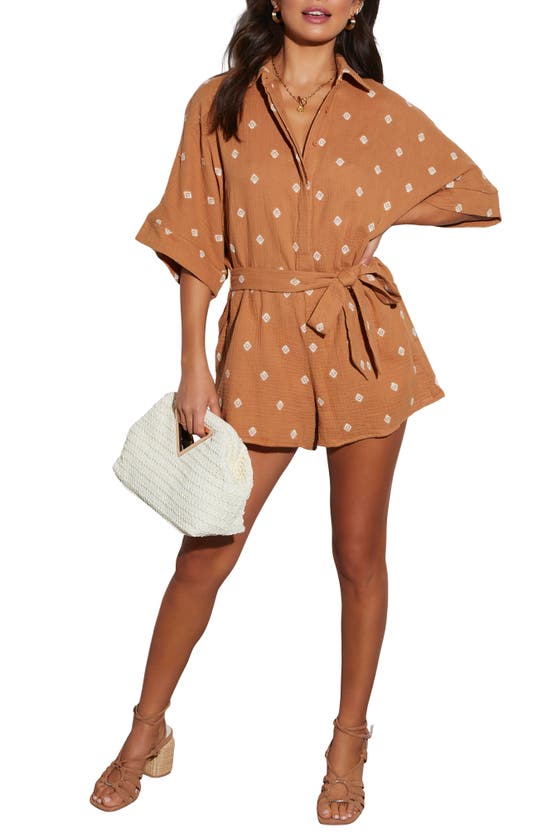 Shop Vici Collection Fallon Tie Belt Seersucker Romper In Camel