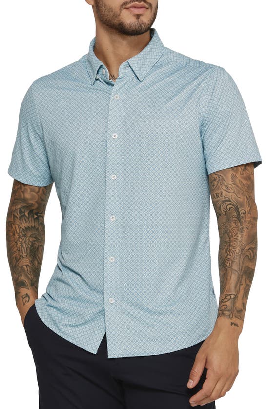 Shop 7 Diamonds Morris Geo Print Short Sleve Performance Button-up Shirt In Seafoam