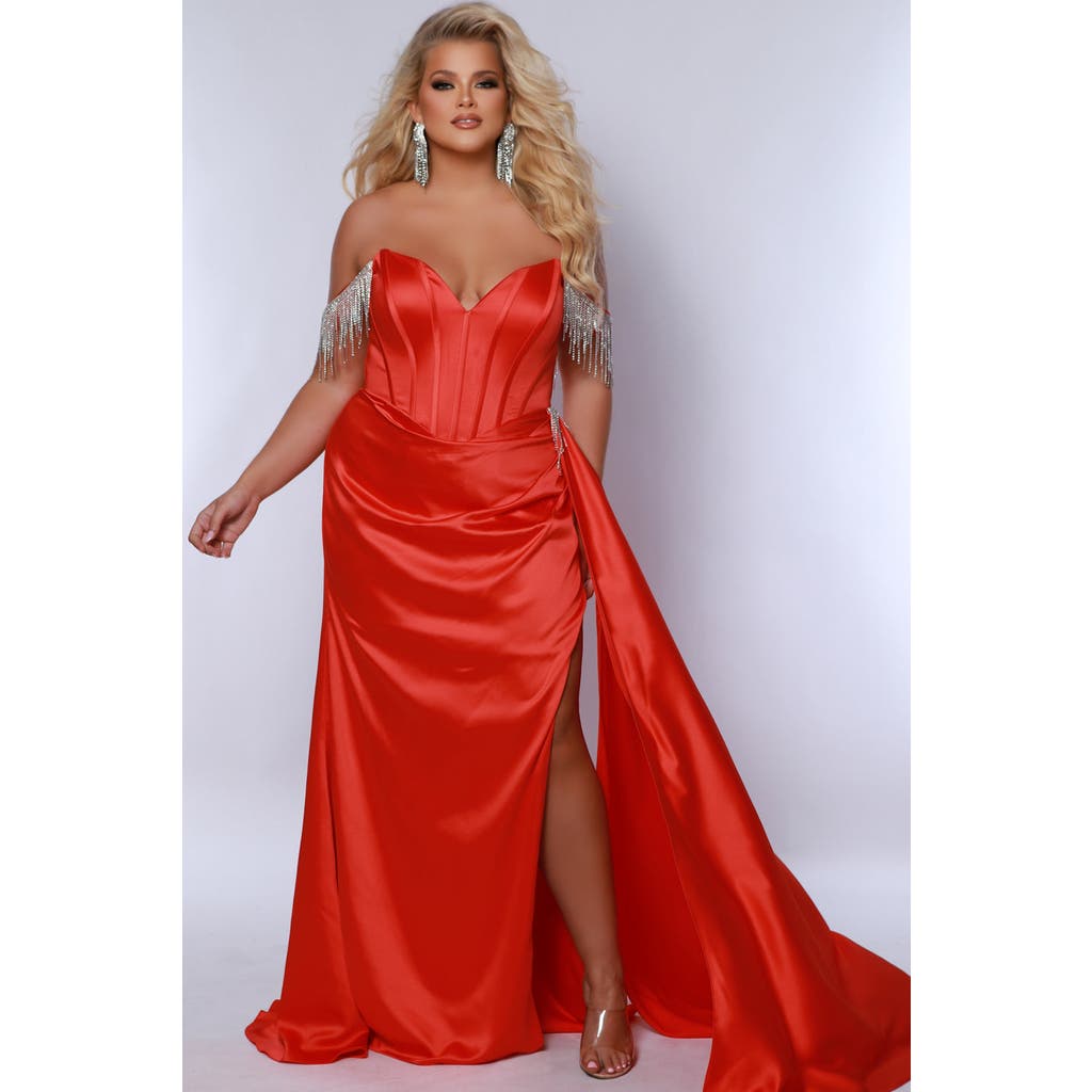 Johnathan Kayne For Sydneys Closet Plus Size Fringe Off The Shoulder Corset Satin Gown Over Skirt Sl In Tangerine