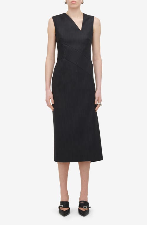 Shop Alexander Mcqueen Pinstripe Asymmetric Wool Midi Dress In Grey