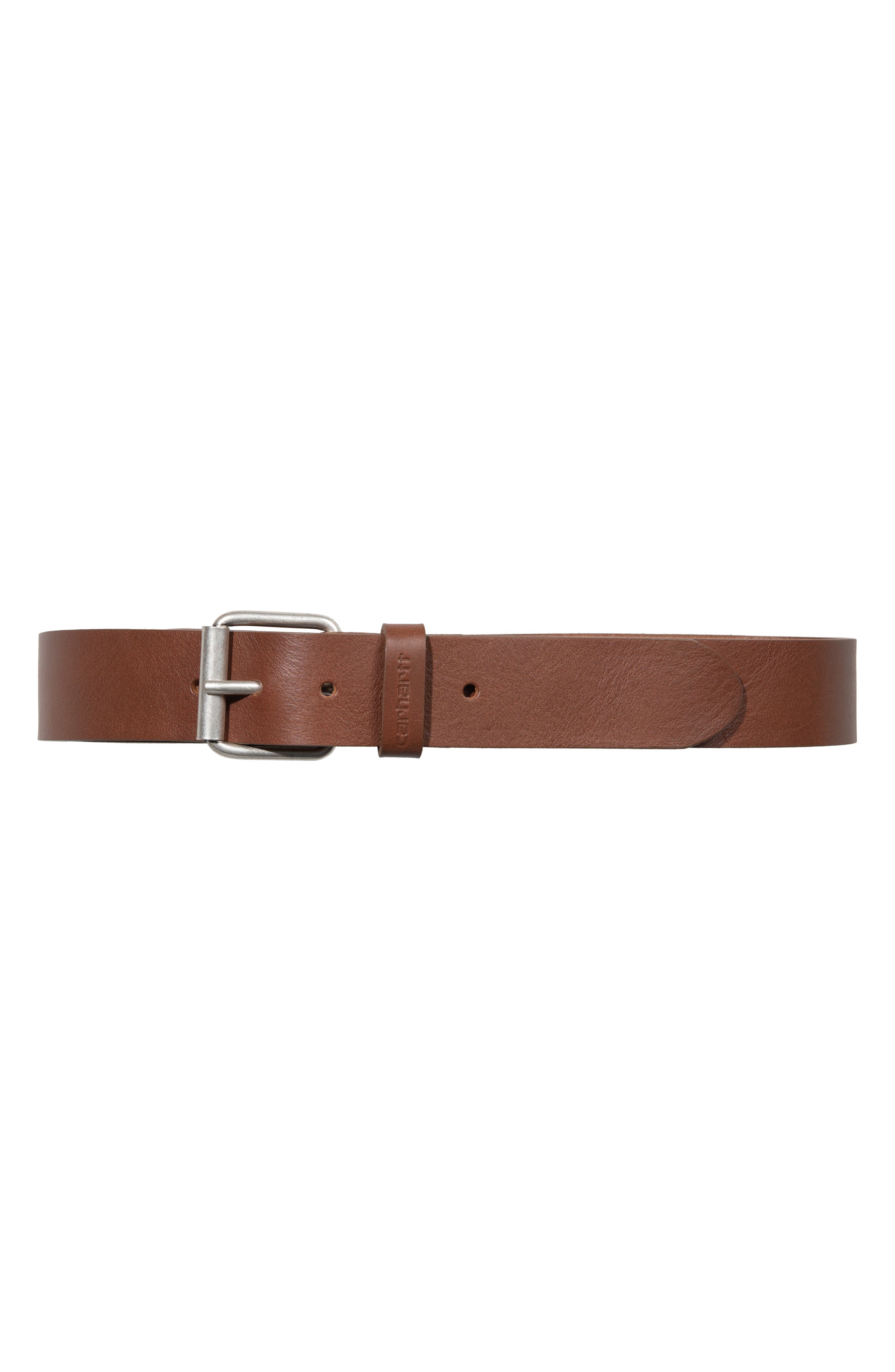 Carhartt Work In Progress Script Leather Belt In Cognac/silver