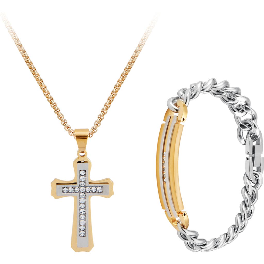 Shop American Exchange Goldtone Plated Stainless Steel Diamond Cross Necklace & Bracelet 2-piece Set In Gold/silver
