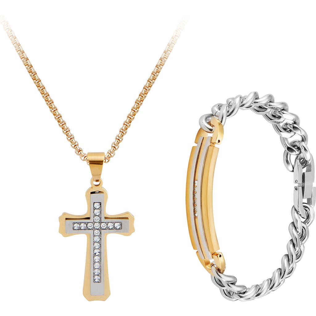 AMERICAN EXCHANGE GOLDTONE PLATED STAINLESS STEEL DIAMOND CROSS NECKLACE & BRACELET 2-PIECE SET