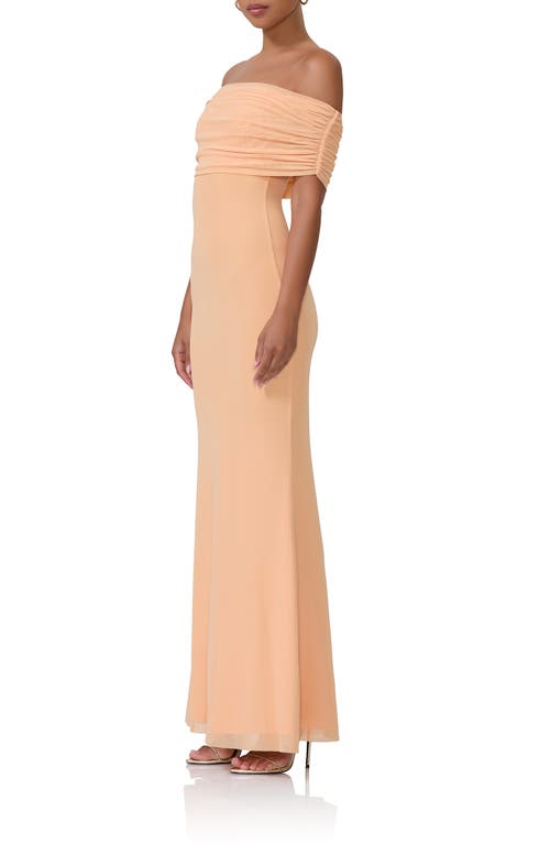 Afrm Mccall Off The Shoulder Mesh Maxi Dress In Peach Fuzz