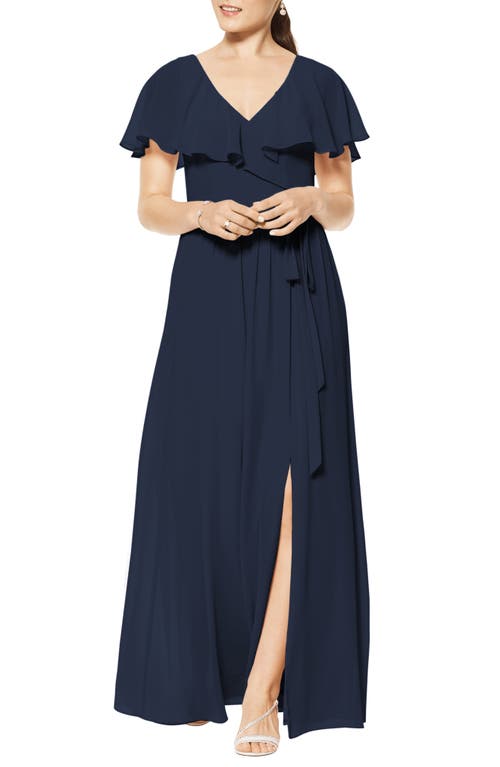 #Levkoff Flutter Overlay Chiffon A-Line Gown in Navy