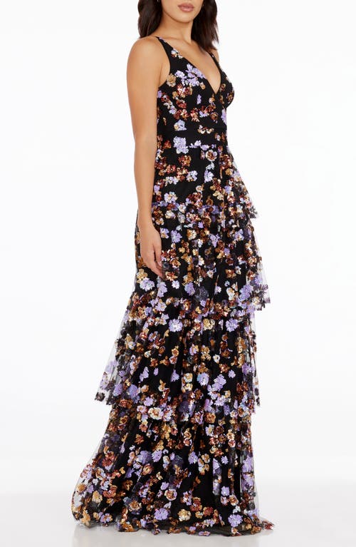 Dress The Population Lorain Sequin Tiered Ruffle Gown In Black Multi