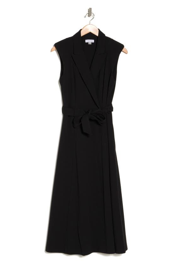 Shop Calvin Klein Belted Peak Lapel Wrap Midi Dress In Black