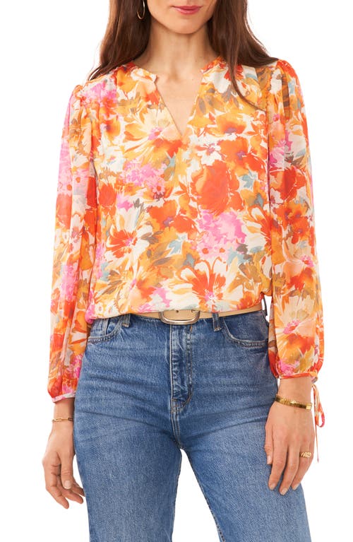 Vince Camuto Floral Print Ruffle Top Ivory/Tulip Red/Orange at Nordstrom,