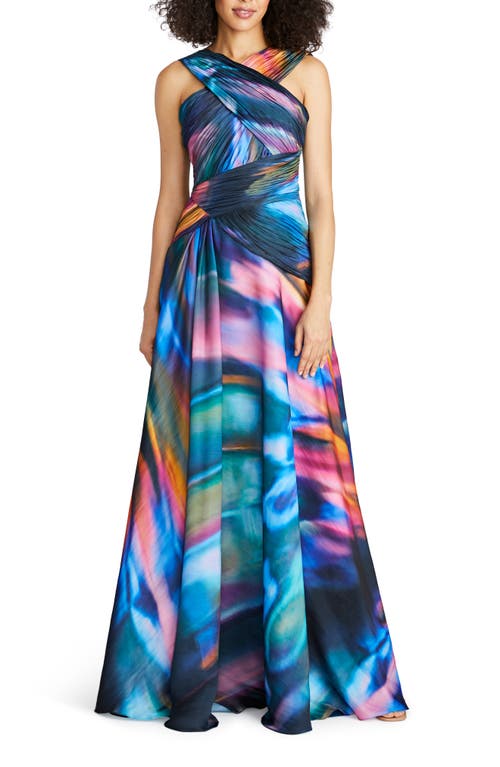 Stacy Abstract Print Crossover Neck Faux Wrap Gown in Luminous Wings