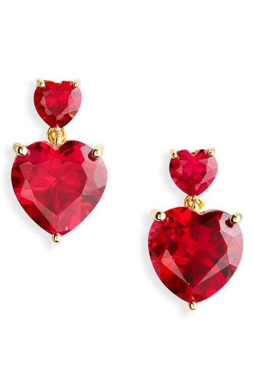 Crystal Heart Drop Earrings in Gold Red