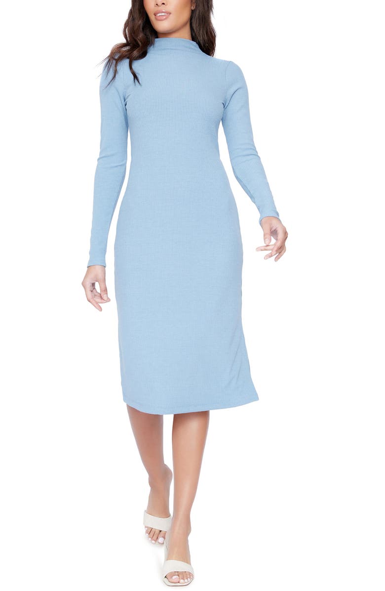 LOST + WANDER Baby Bye Ribbed Mock Neck Long Sleeve Dress, Main, color, BLUE SEA