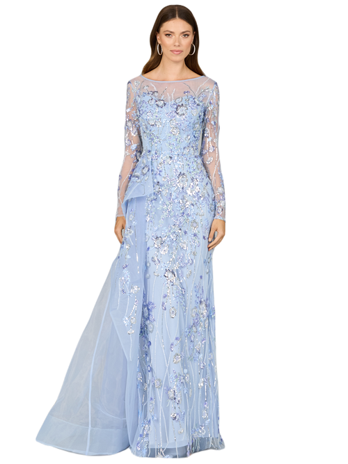 Lara New York Asymmetrical Overlay Gown With Sleeves In Periwinkle