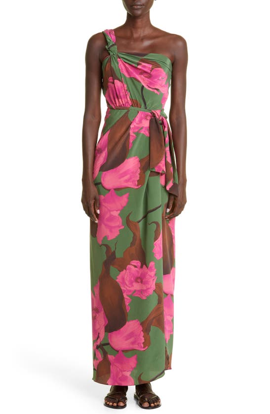 Johanna Ortiz San Basilio Floral One-shoulder Silk Maxi Dress In Florals Greenambe