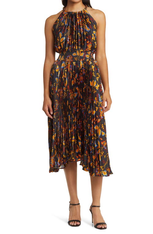 Floral Pleated Satin Midi Dress in Black Multi