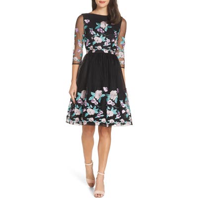 Chi Chi London Baroque Embroidered Flower Tea Dress, Black