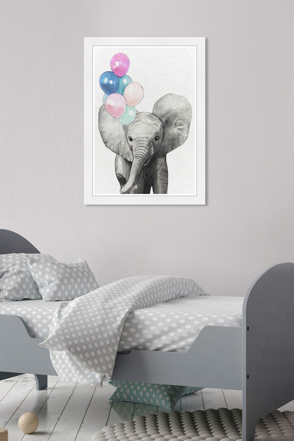 Wynwood Studio Baby Elephant With Balloons Colorful Gray Animals Wall Art In Grey