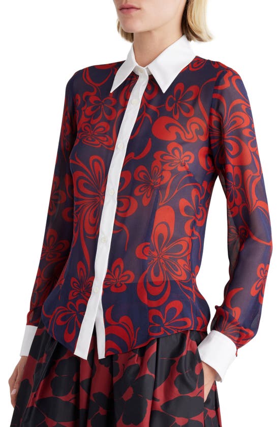 Shop Dries Van Noten Print Contrast Trim Silk & Cotton Button-up Shirt In Navy 509
