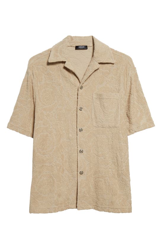 Shop Versace Barocco Towel Cotton Terry Camp Shirt In Light Sand