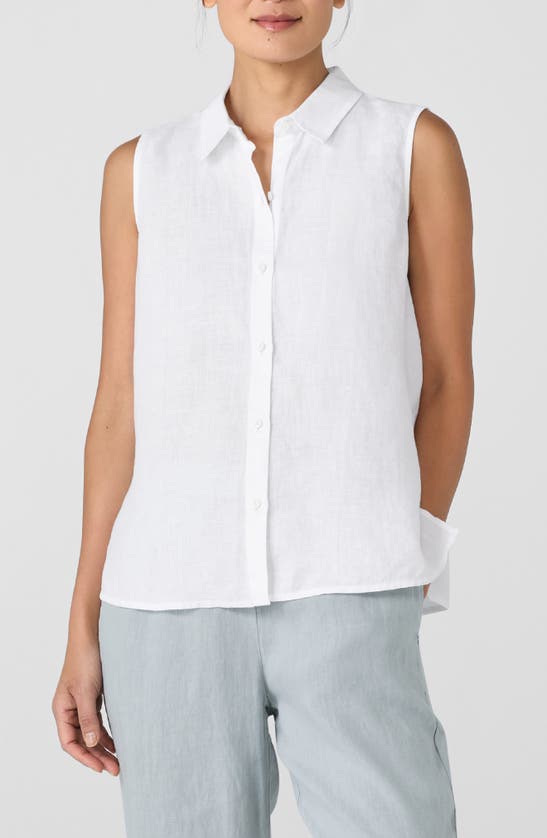 Shop Eileen Fisher Classic Sleeveless Organic Linen Button-up Shirt In White