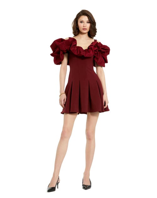 Shop Mac Duggal Crepe Godet Hem Mini Dress With Faille Ruffle In Oxblood