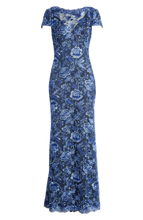 Tadashi Shoji Embroidered Lace Evening Gown In Blue Violet/navy