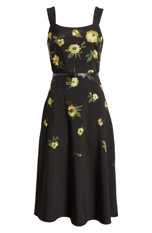 Shop Anne Klein Floral Embroidered Belted A-line Dress In Anne Black/lemon Zest Multi