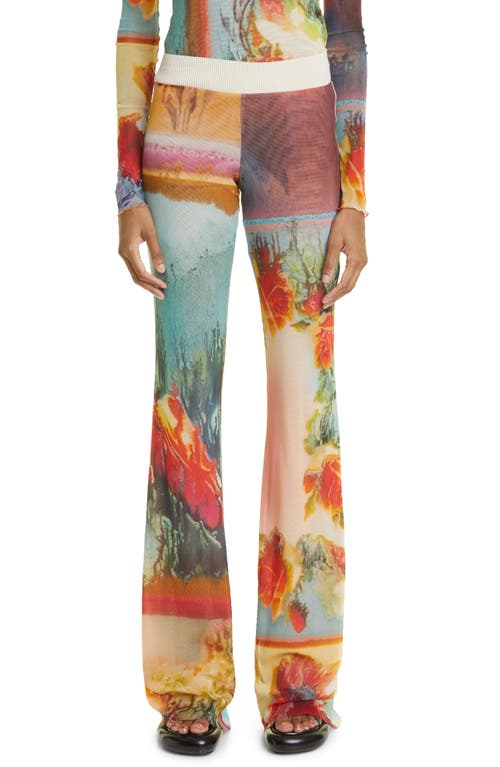 Jean Paul Gaultier Scarf Print Tulle Flare Leg Pants in Multicolor Beige