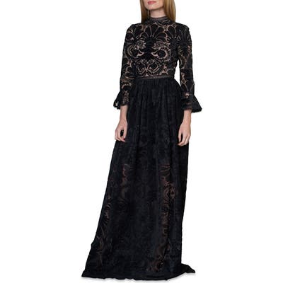 Ml Monique Lhuillier Burnout Velvet Gown, Black