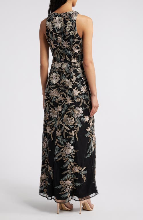 Shop Maggy London Floral Embroidered Mesh Gown In Black/mauve/gold