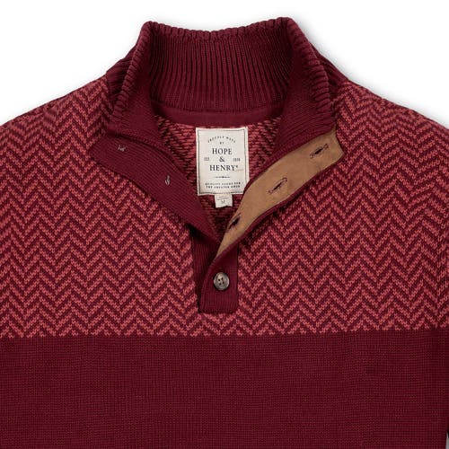 Hope & Henry Organic Mock Neck Button Sweater In Oxblood Herringbone