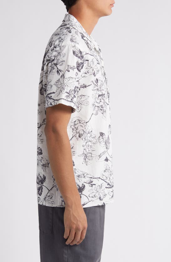 Shop Treasure & Bond Woodcut Floral Linen & Cotton Camp Shirt In Ivory- Navy Woodcut Floral