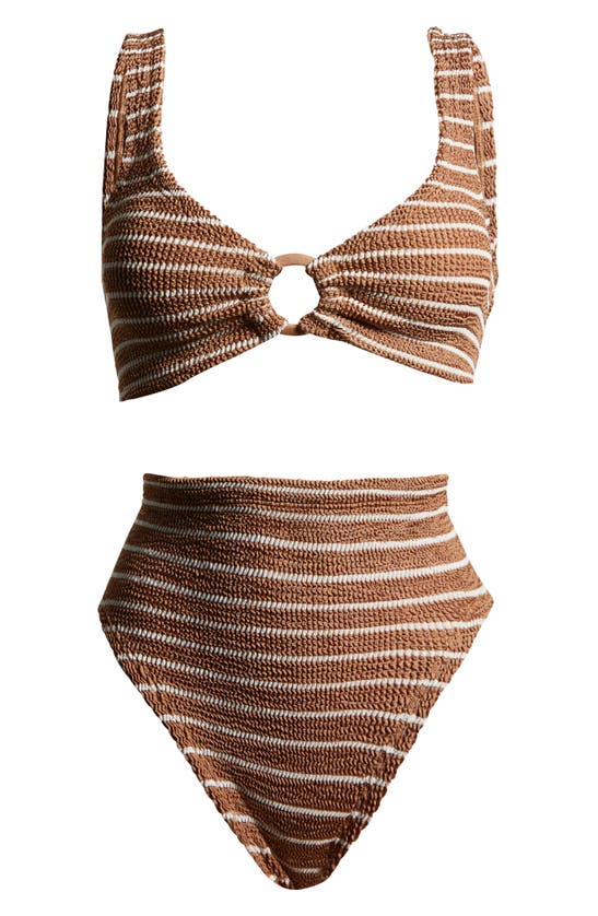 Shop Hunza G Nadine Seersucker Two-piece Swimsuit In Metallic Cocoa/ White