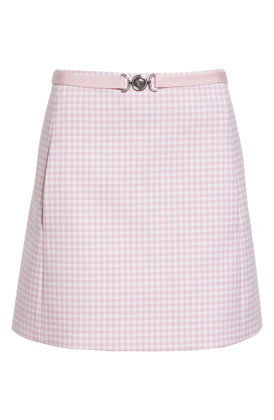Shop Versace Gingham Belted Virgin Wool Miniskirt In Light Pink
